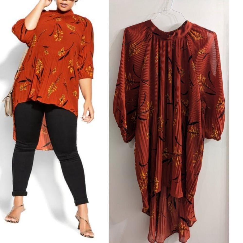 City Chic | Floral print high-low pleated blouse in rust orange